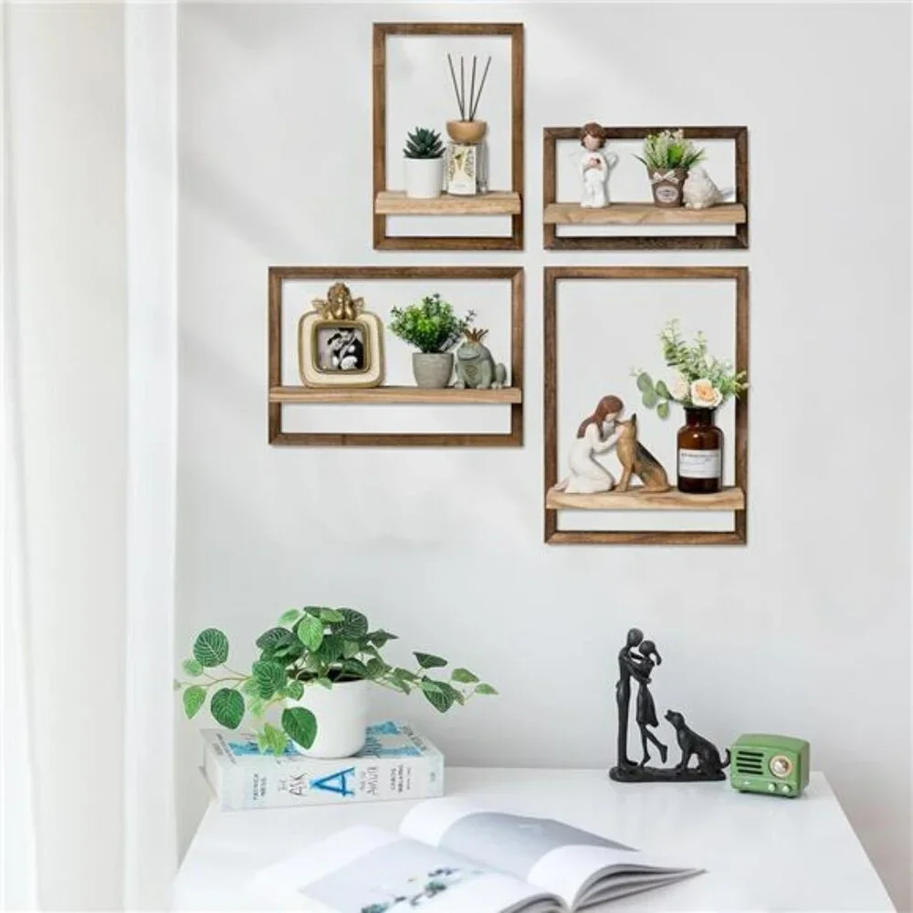 Rustic Wood Floating Wall Shelves Farmhouse Decor Storage Set for Bedroom